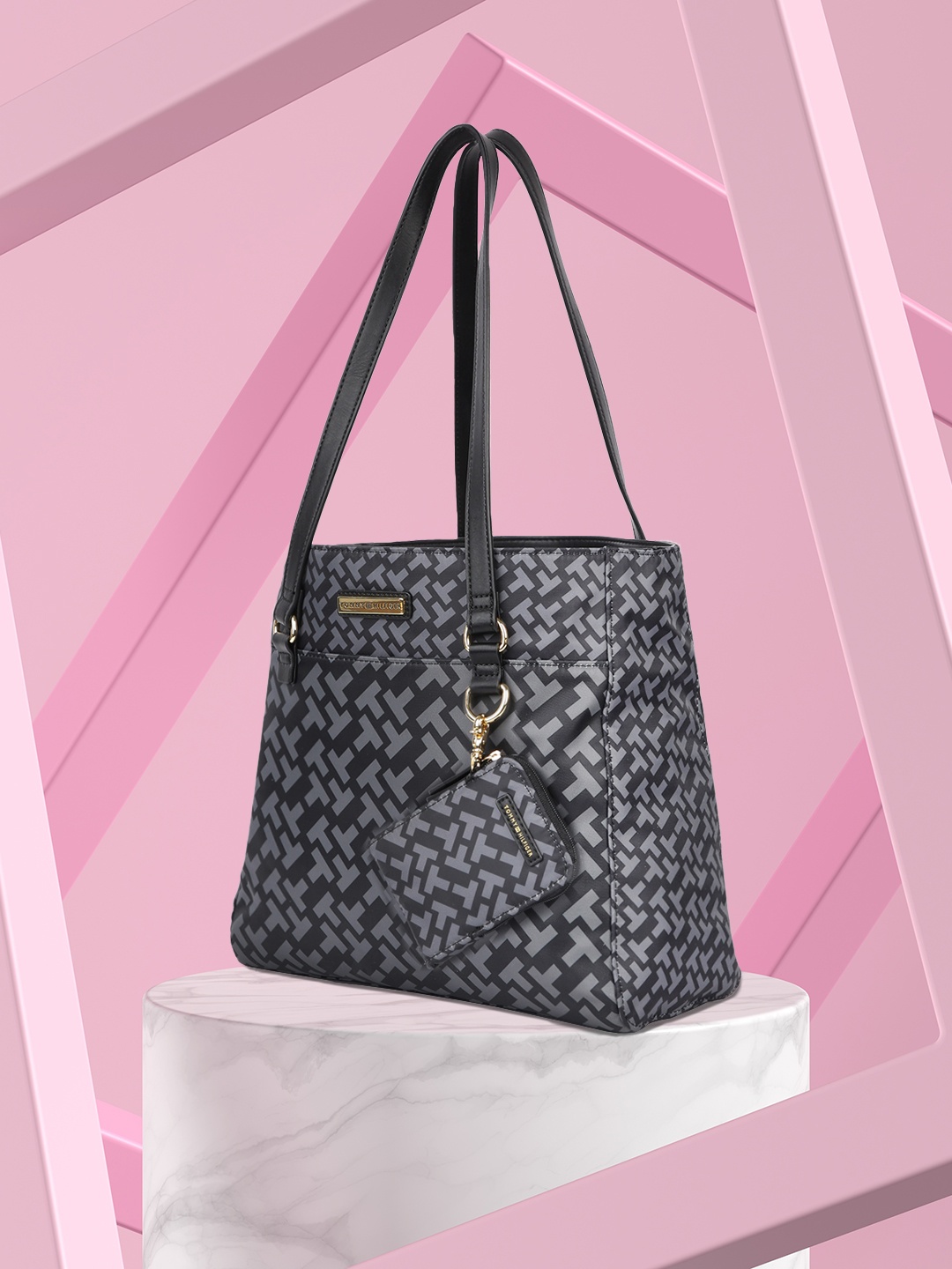 

Tommy Hilfiger Black & Grey Printed Structured Shoulder Bag with Pouch