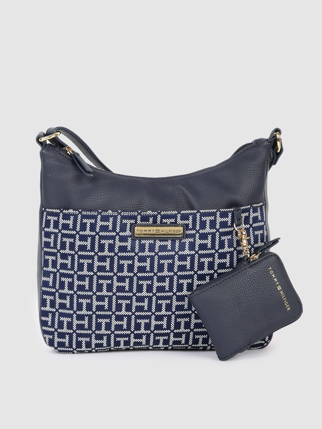 

Tommy Hilfiger Navy Blue & White NAOMI II Brand Logo Print Structured Sling Bag