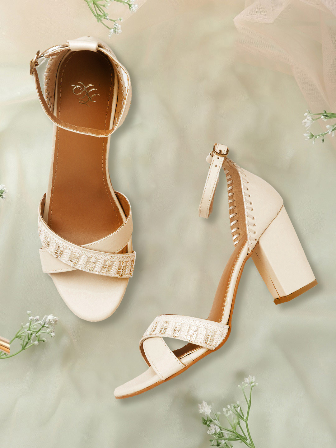 

House of Pataudi Off-White Woven Design Block Heels