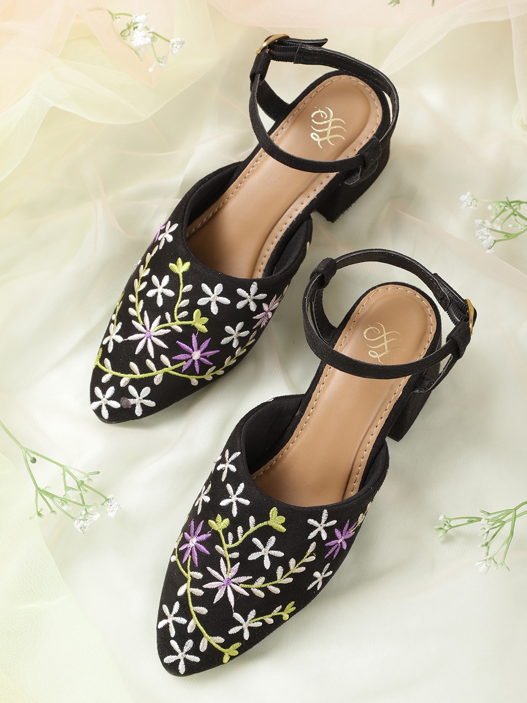 

House of Pataudi Black & Silver-Toned Embroidered Handcrafted Heeled Mules