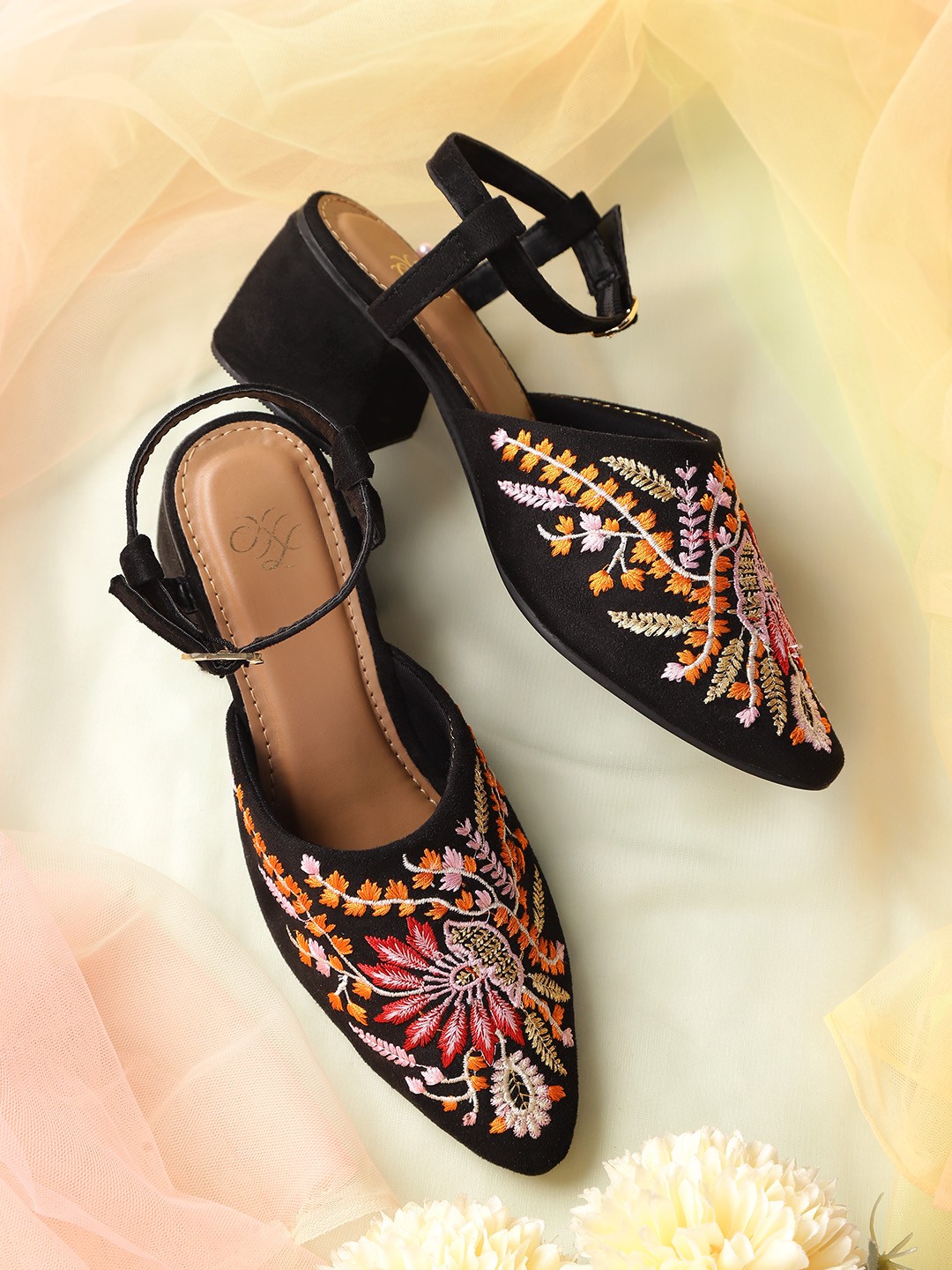 

House of Pataudi Black & Orange Handcrafted Embroidered Block Heeled Pumps