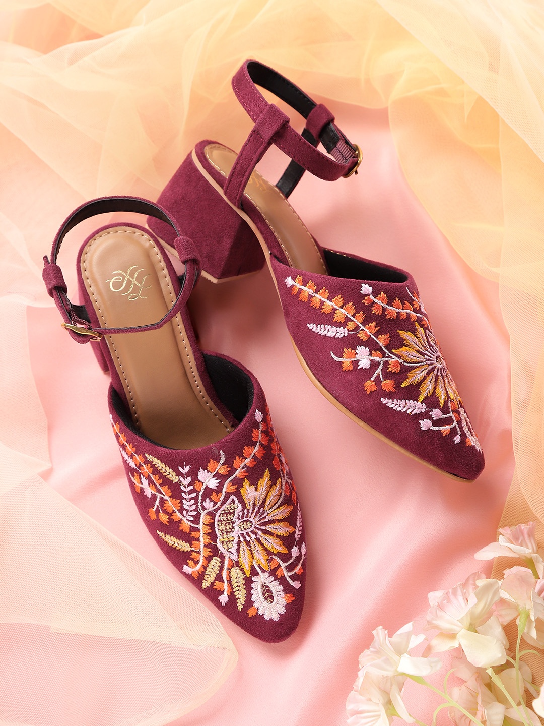 

House of Pataudi Women Burgundy & Orange Embroidered Handcrafted Heeled Mules