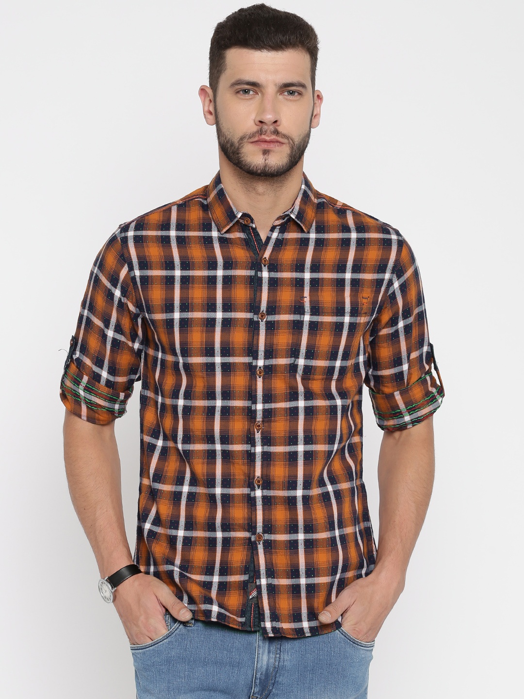 

LOCOMOTIVE Men Navy & Orange Regular Fit Checked Casual Shirt, Navy blue