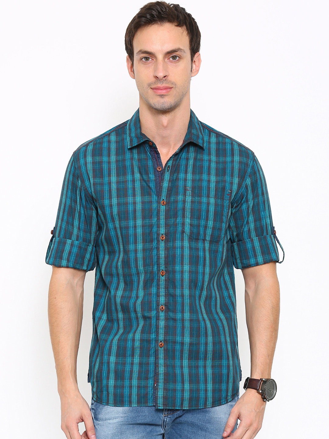 

LOCOMOTIVE Men Blue & Black Regular Fit Checked Casual Shirt