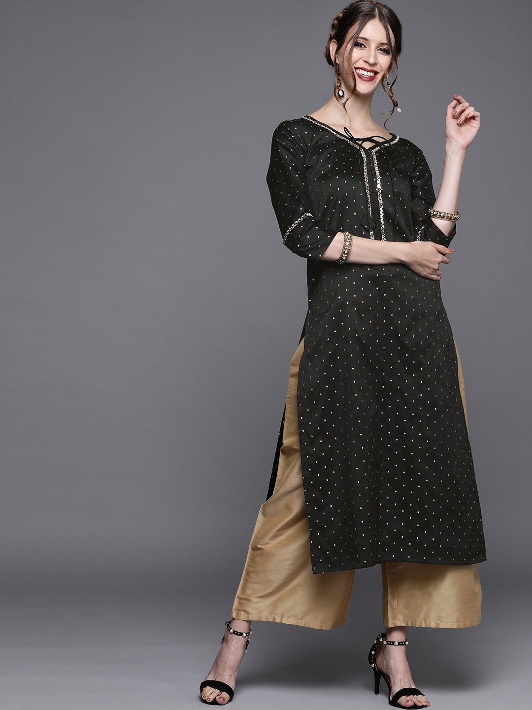 

Inddus Women Black & Golden Dotted Woven Design Mirror Work Kurta