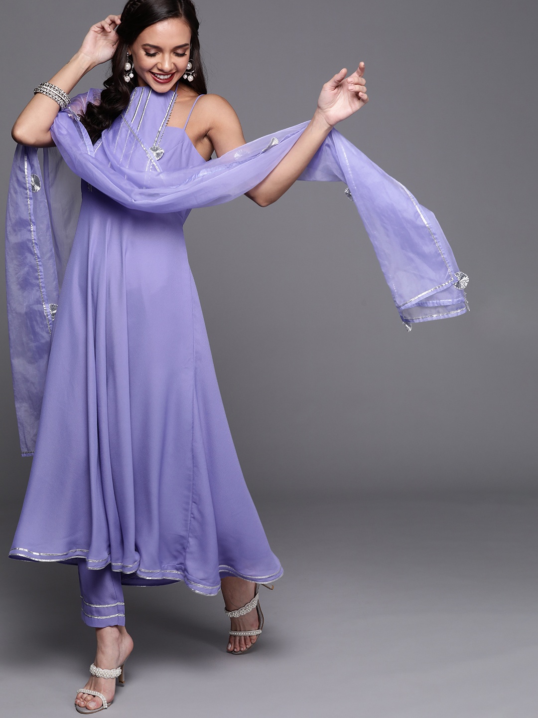 

Inddus Women Purple Yoke Design Gotta Patti Kurta with Trousers & Dupatta