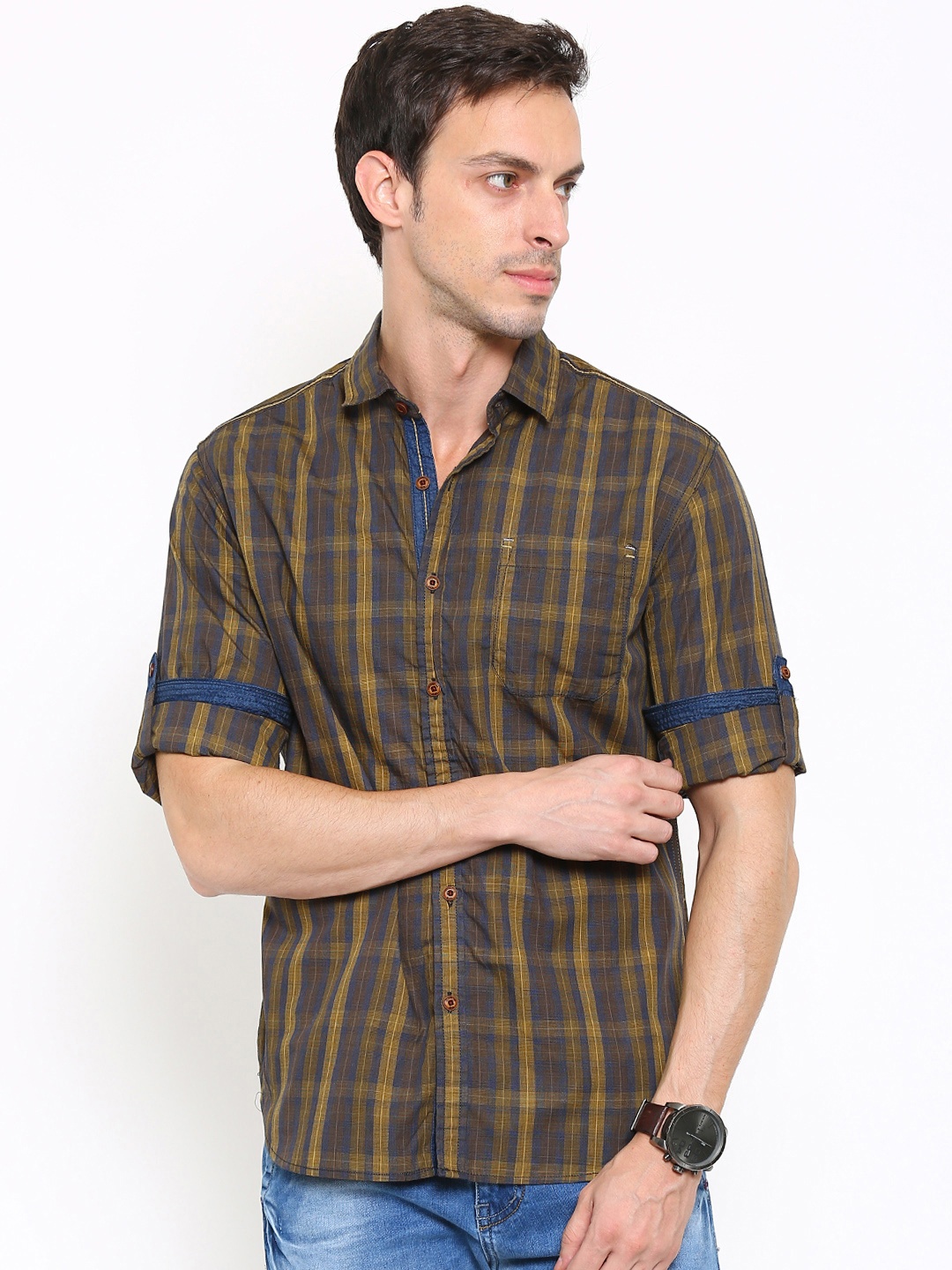 

LOCOMOTIVE Men Grey & Mustard Yellow Slim Fit Checked Casual Shirt