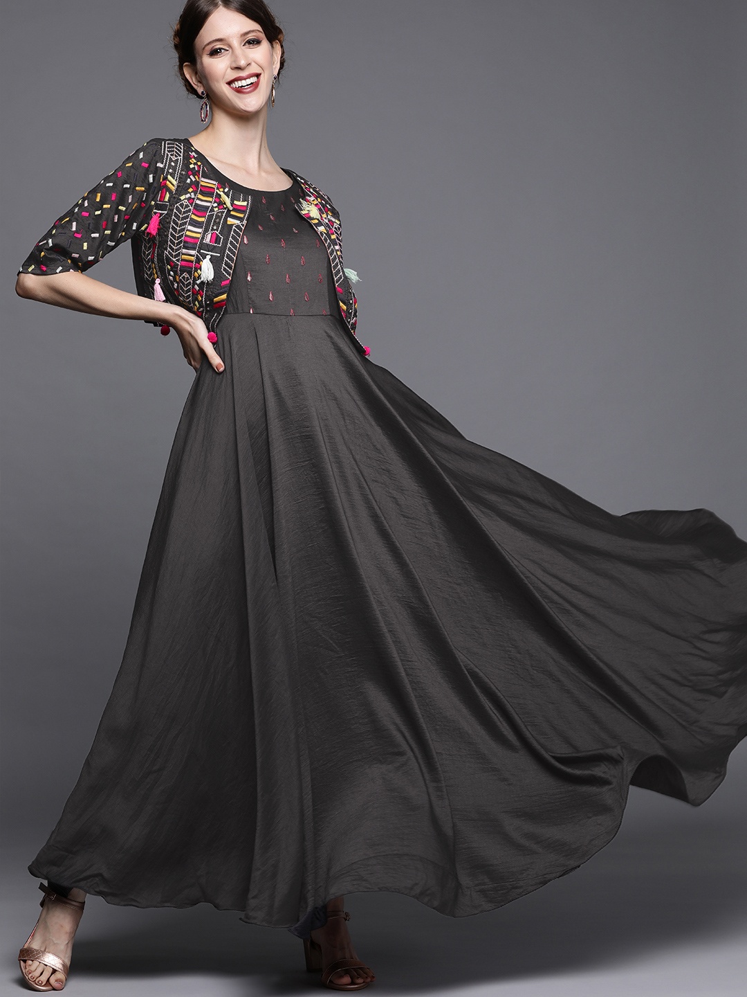 

Inddus Charcoal Grey Embroidered Gown with Heavy Embroidered Jacket