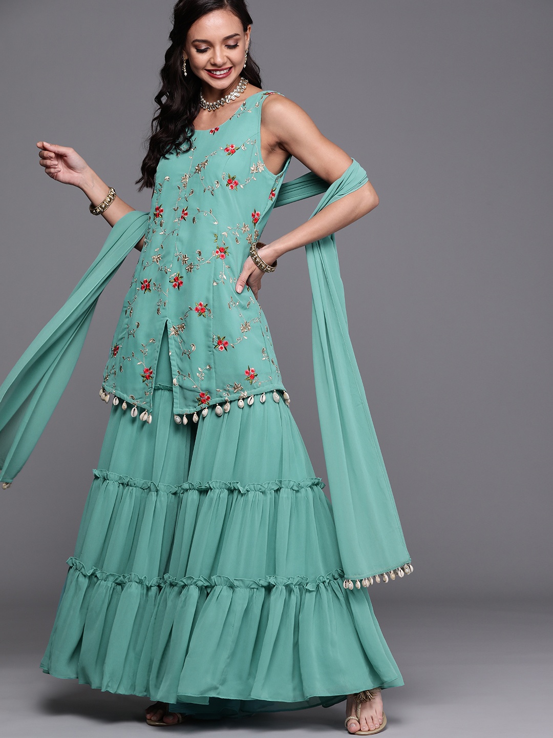 

Inddus Women Green Floral Embroidered Kurta with Tiered Sharara & Dupatta