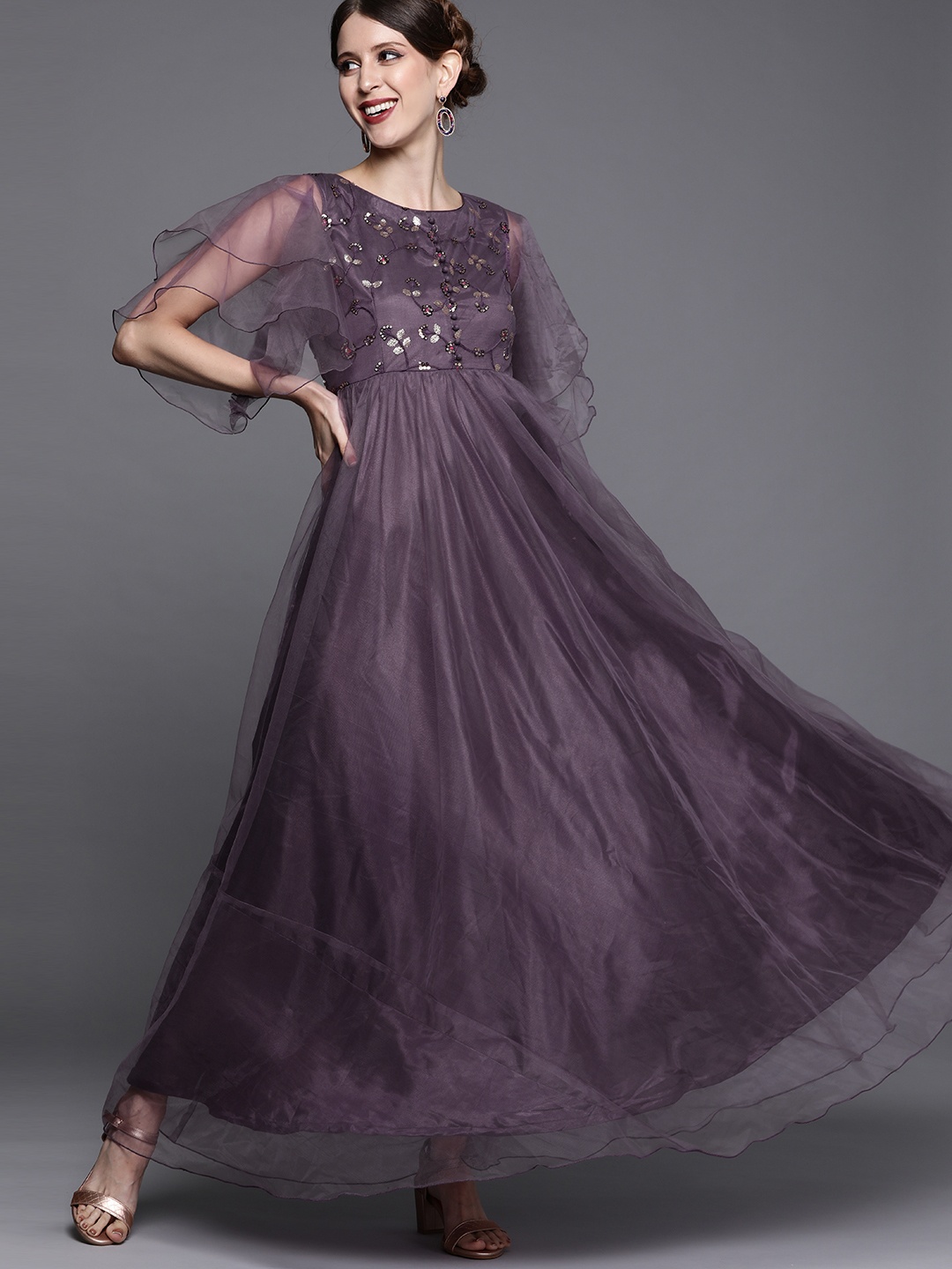 

Inddus Women Mauve Floral Sequinned Embroidered Sheer Festive Gown