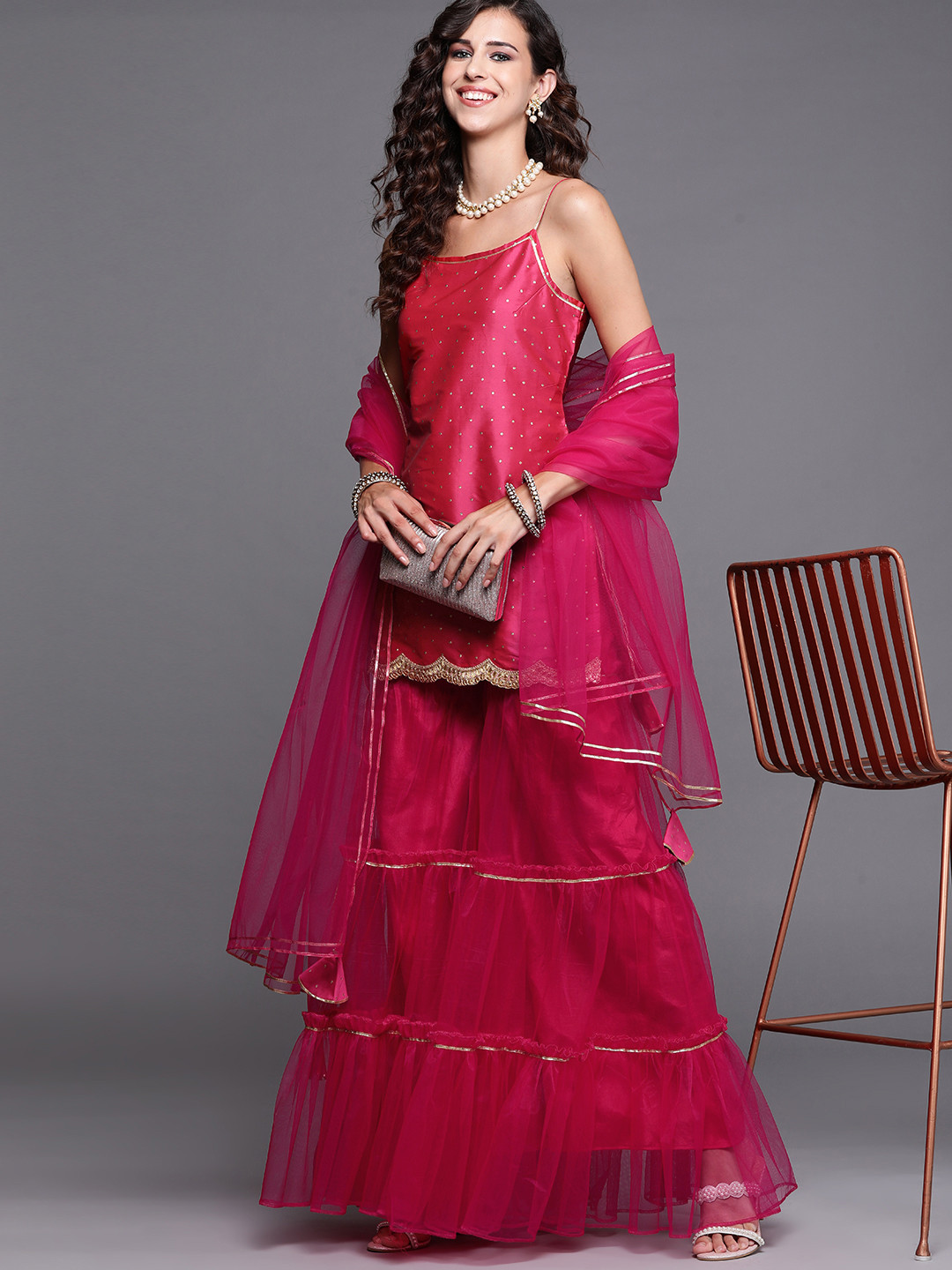 

Inddus Women Fuchsia & Golden Printed Gotta Patti Kurta with Sharara & Dupatta