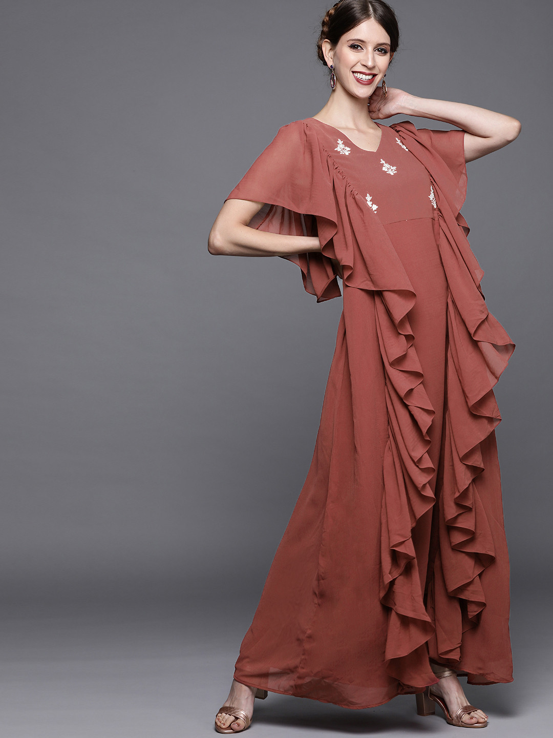 

Inddus Rust Brown Floral Embroidered Ruffled Georgette Maxi Dress