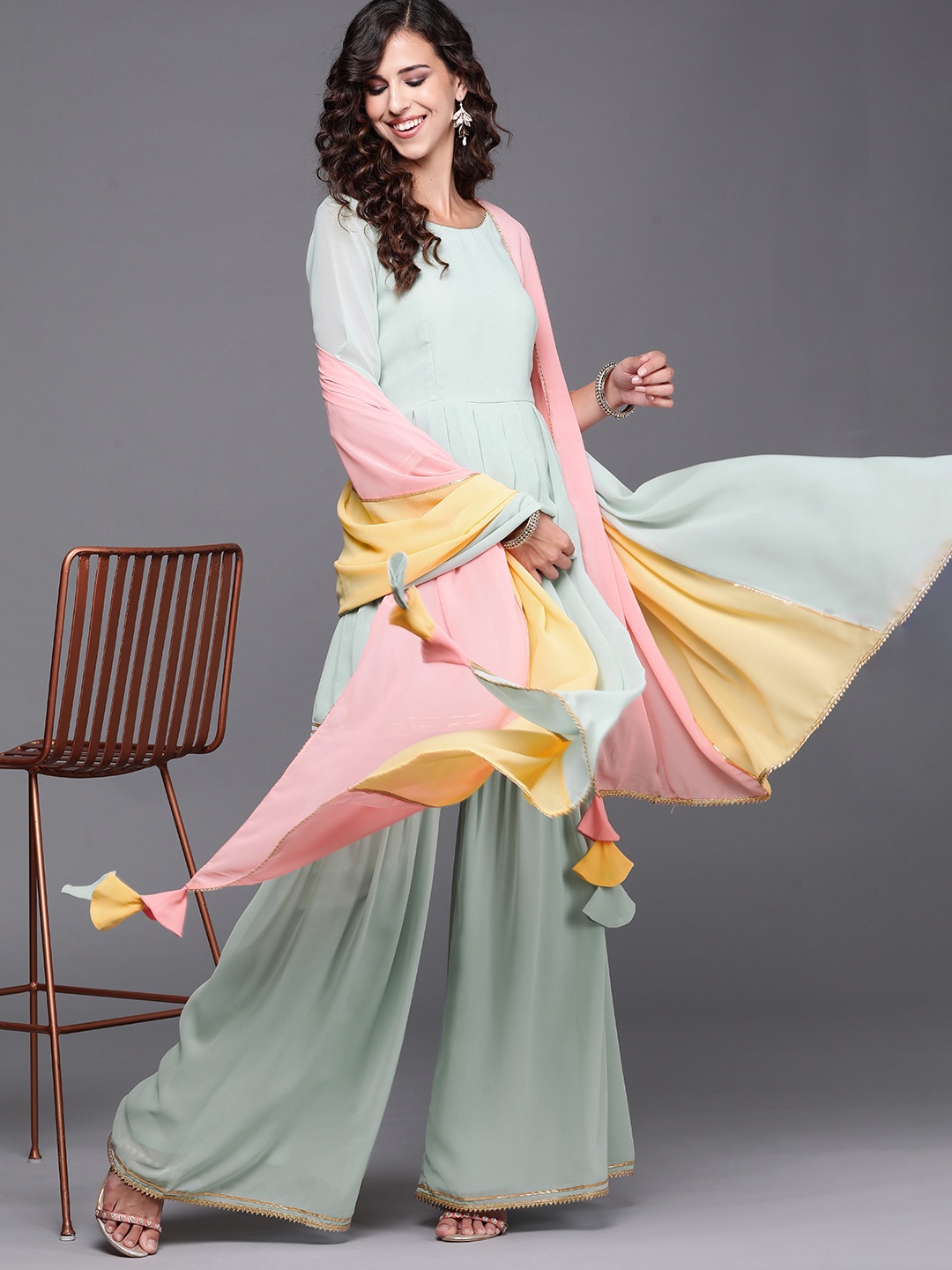 

Inddus Women Blue Pleated Gotta Patti Peplum Kurta with Sharara & Dupatta