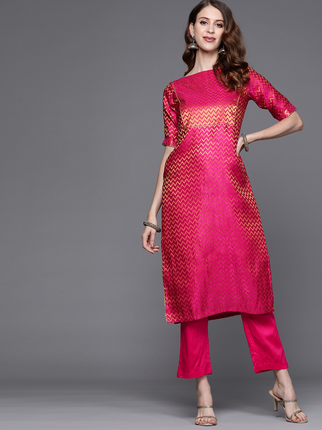 

Inddus Women Pink & Golden Chevron Woven Gotta Patti Brocade Kurta with Trousers