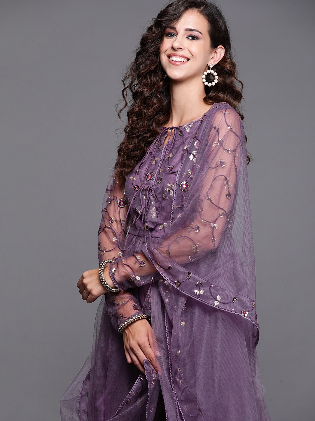

Inddus Women Purple Embroidered High Slit Sequinned Kurta with Trousers & Dupatta