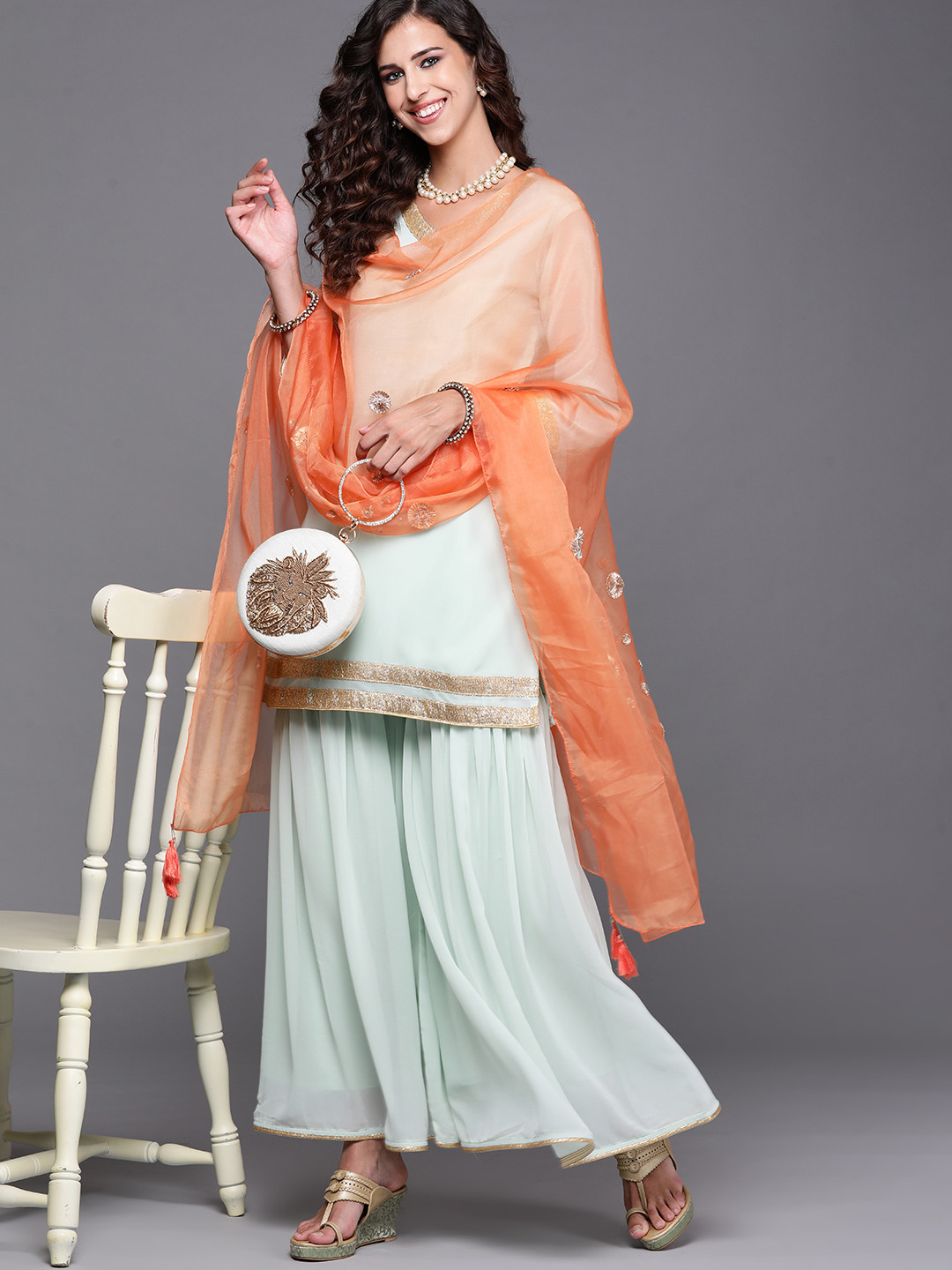 

Inddus Women Green & Peach-Coloured Gotta Patti Kurta with Sharara & Dupatta