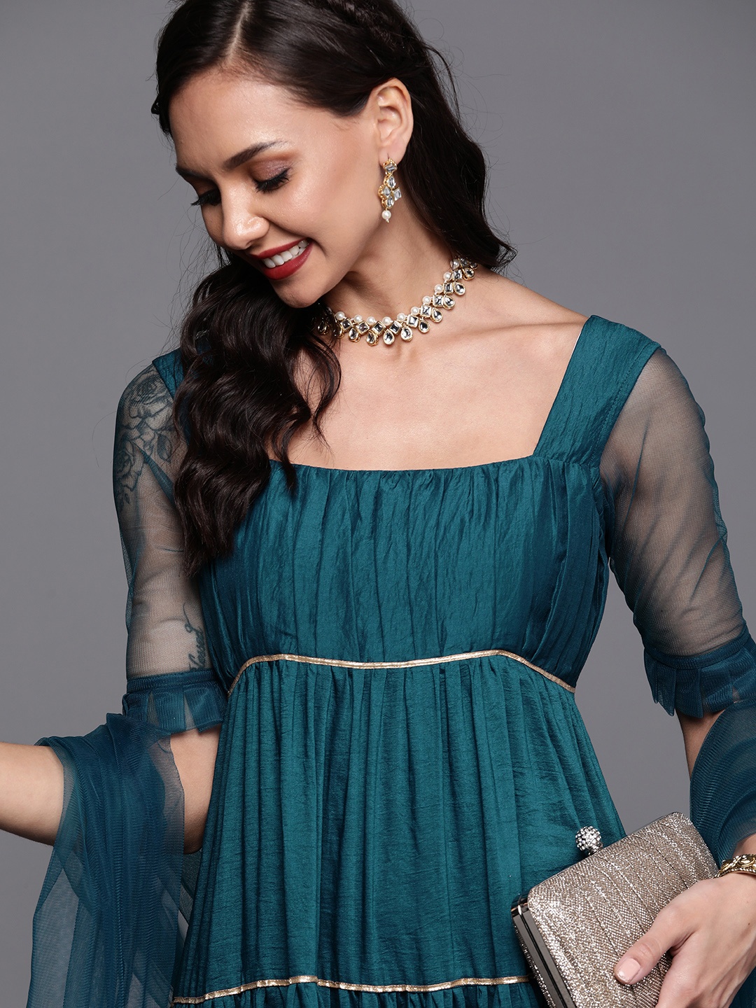 

Inddus Women Teal Green Tiered Kurta with Trousers & Dupatta