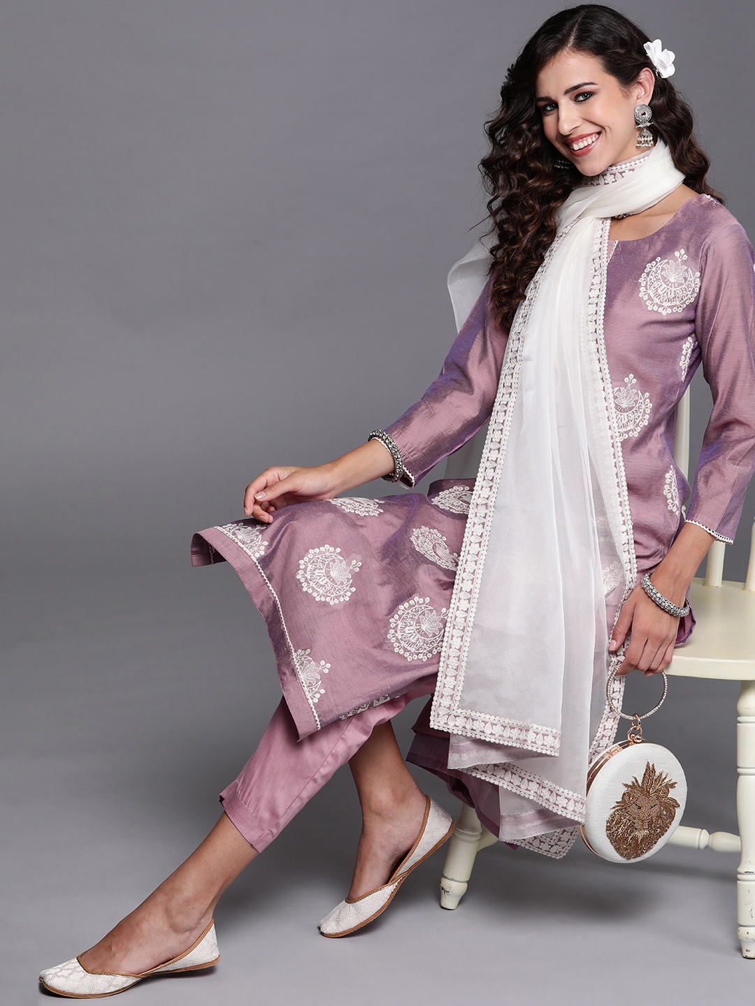 

Inddus Women Purple Embroidered Chanderi Cotton Kurta with Trousers & Dupatta