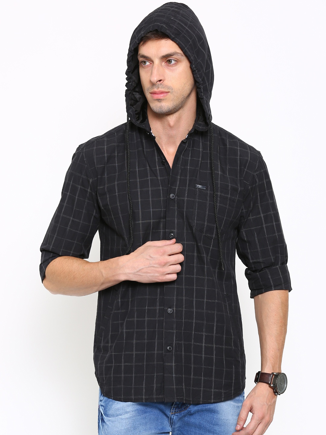 

LOCOMOTIVE Men Black Regular Fit Checks Casual Shirt