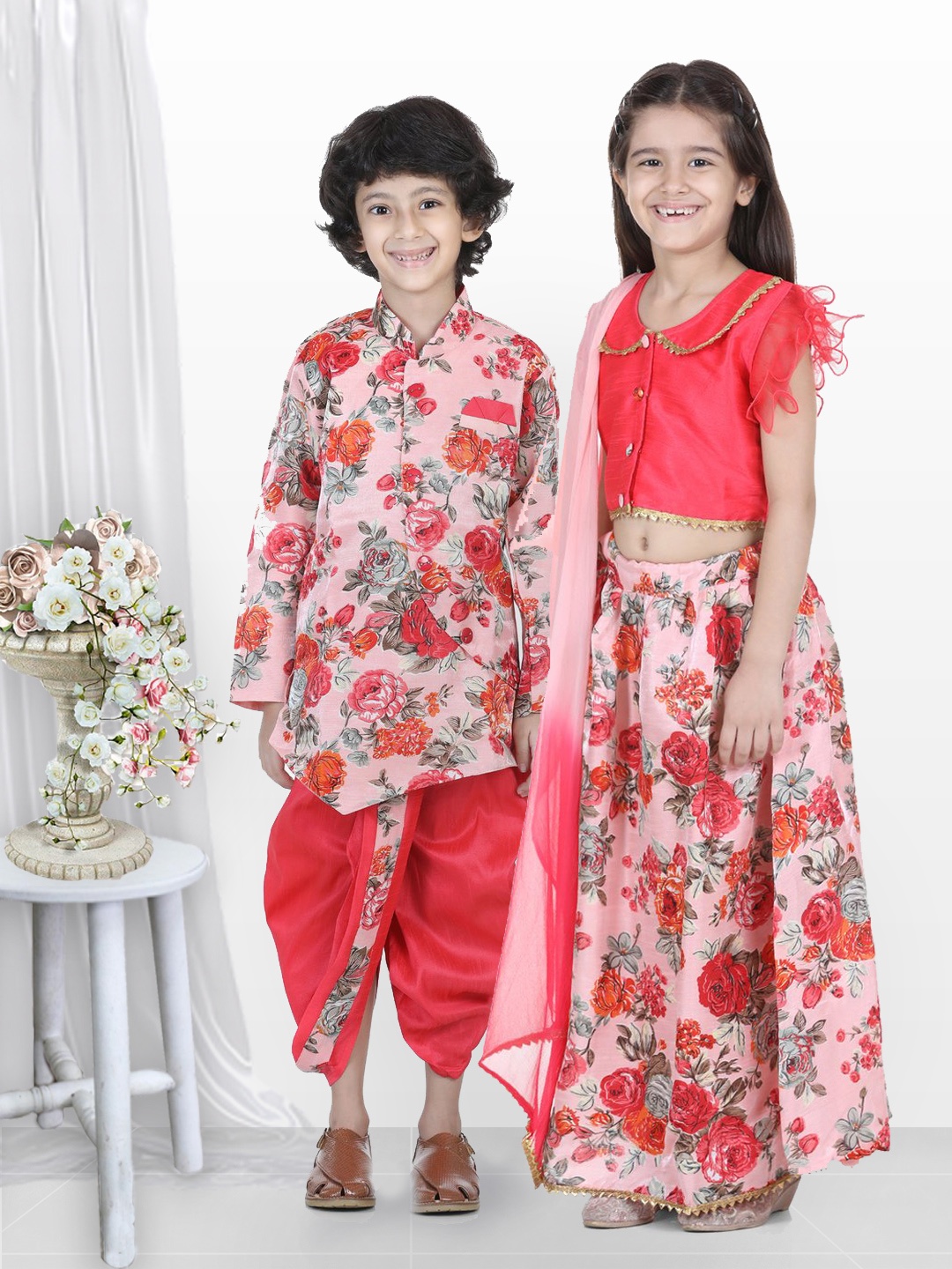 

BownBee Boys Pink & Red Floral Printed Sherwani Set