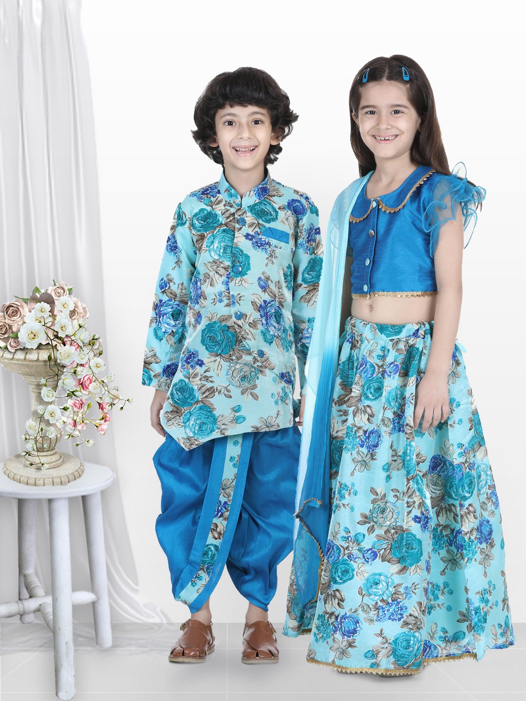 

BownBee Boys Blue & Coffee-Brown Printed Sherwani With Dhoti Pants