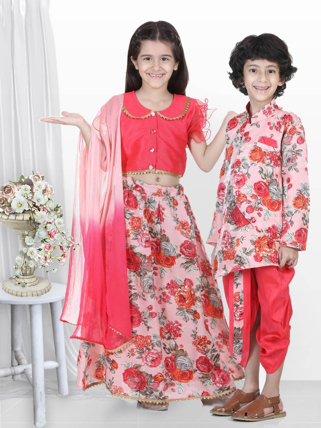 

BownBee Boys Pink & Orange Printed Sherwani Set