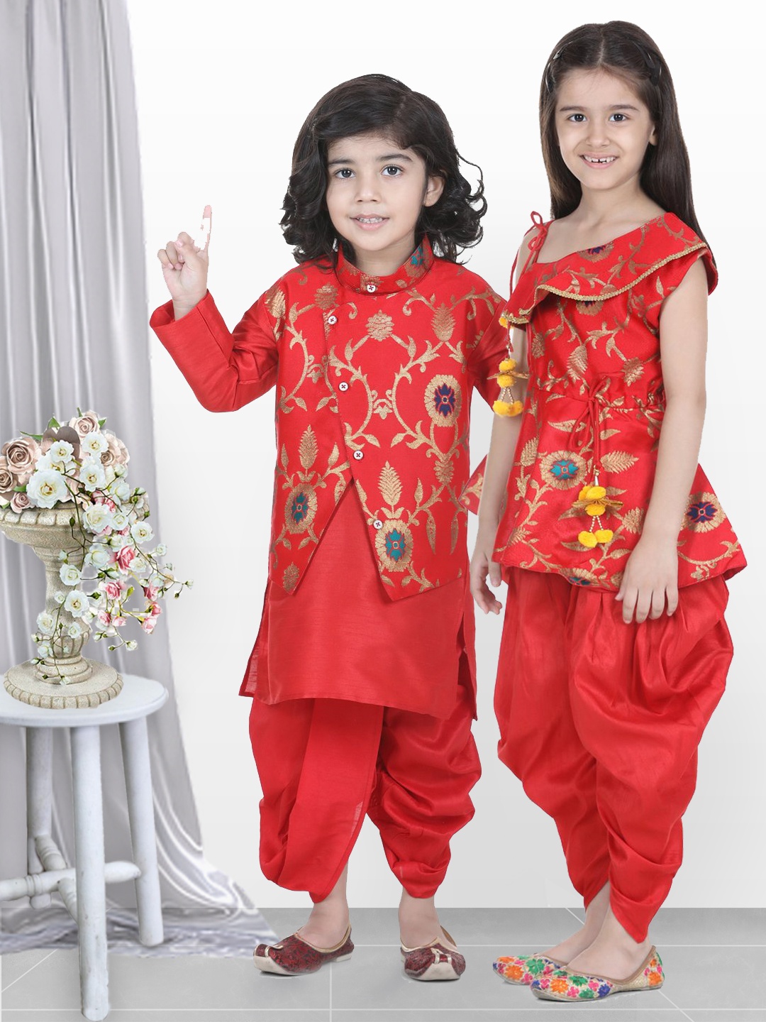 

BownBee Boys Red Floral Printed Pleated Kurta with Dhoti Pants