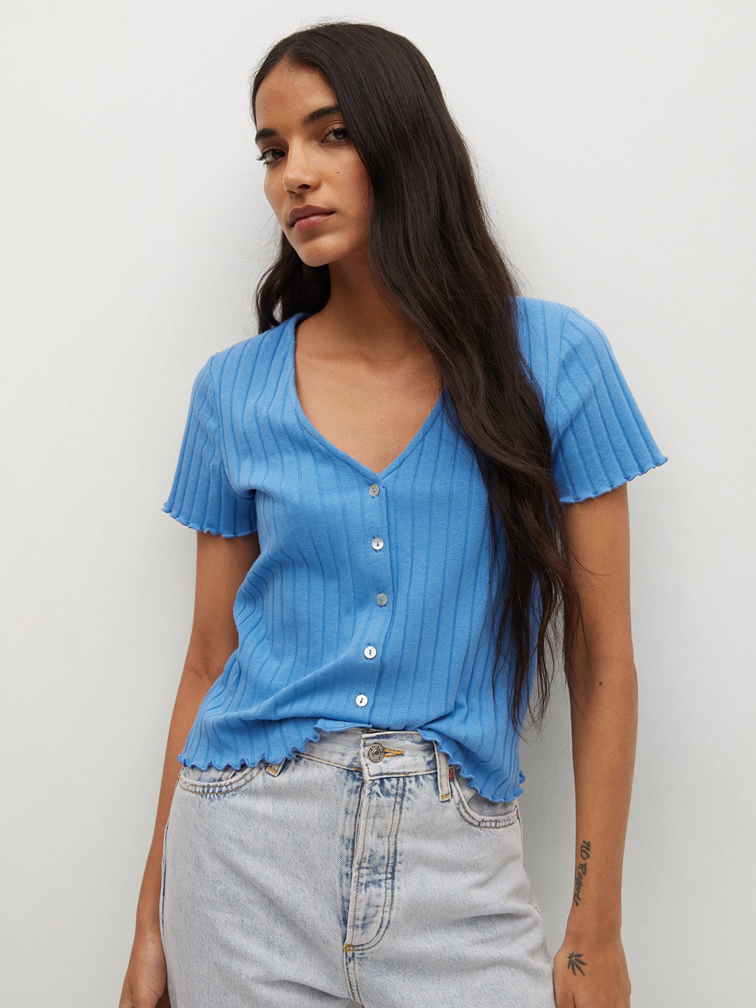 

MANGO Women Blue Self Striped V-Neck T-shirt