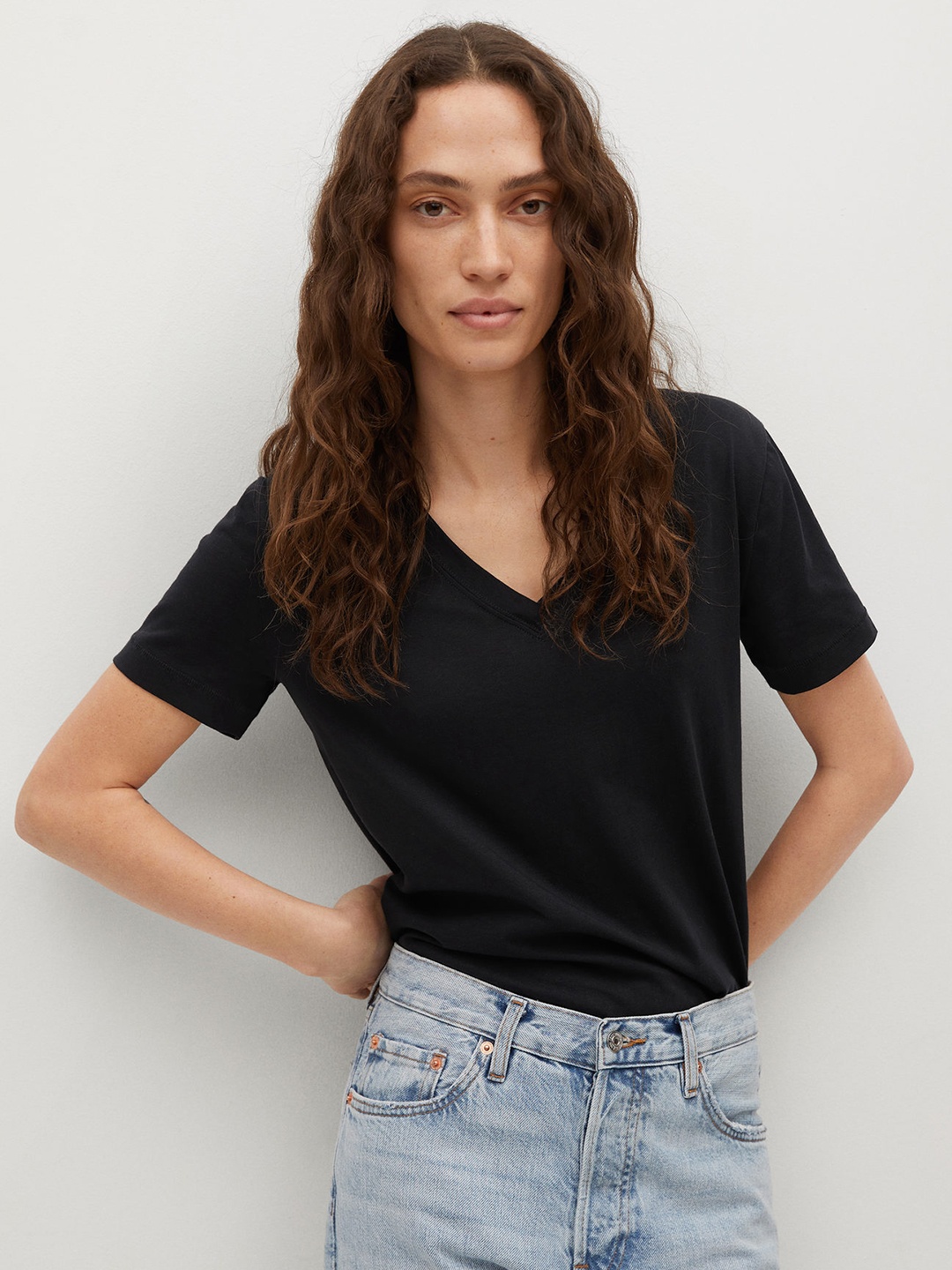 

MANGO Women Black Organic Cotton V-Neck Organic Cotton T-shirt