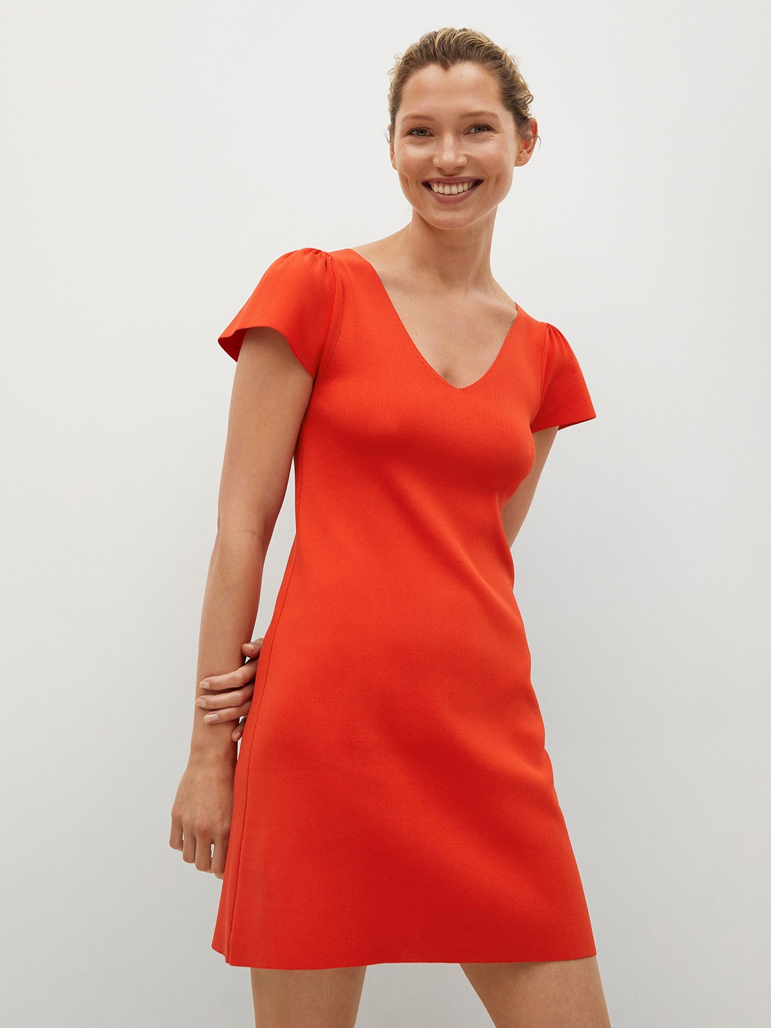 

MANGO Orange Solid A-Line Dress