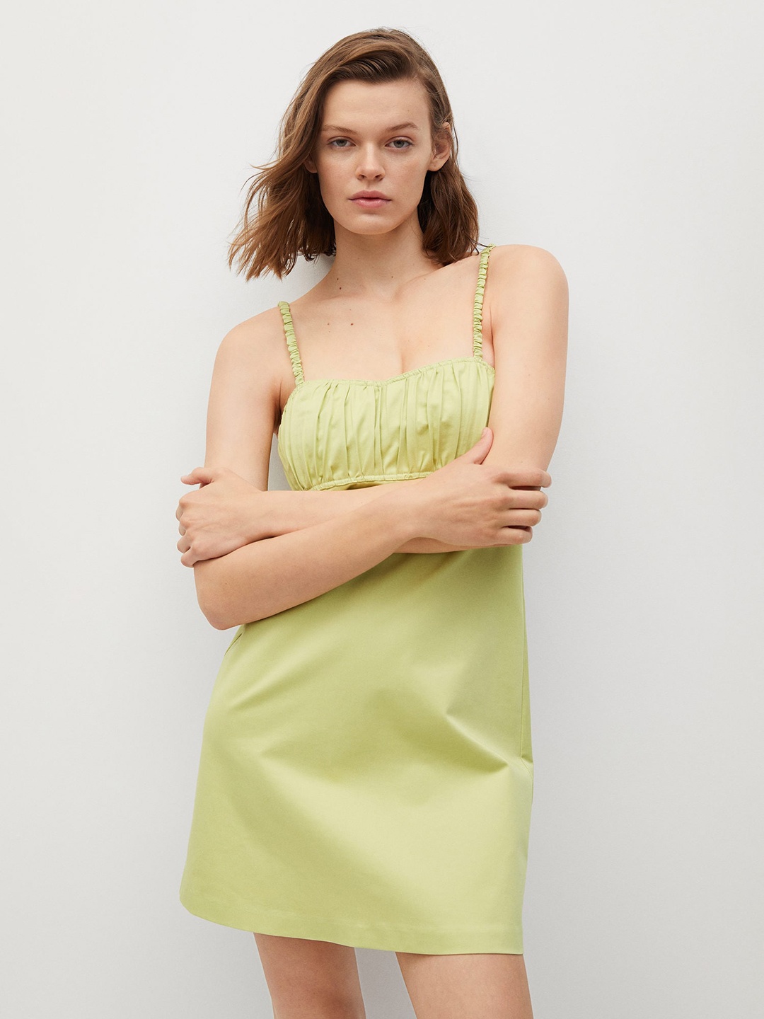 

MANGO Women Lime Green Solid A-Line Dress with Gathers