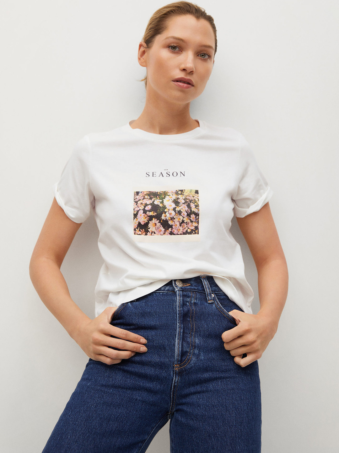 

MANGO Women White & Black Pure Cotton Printed T-shirt