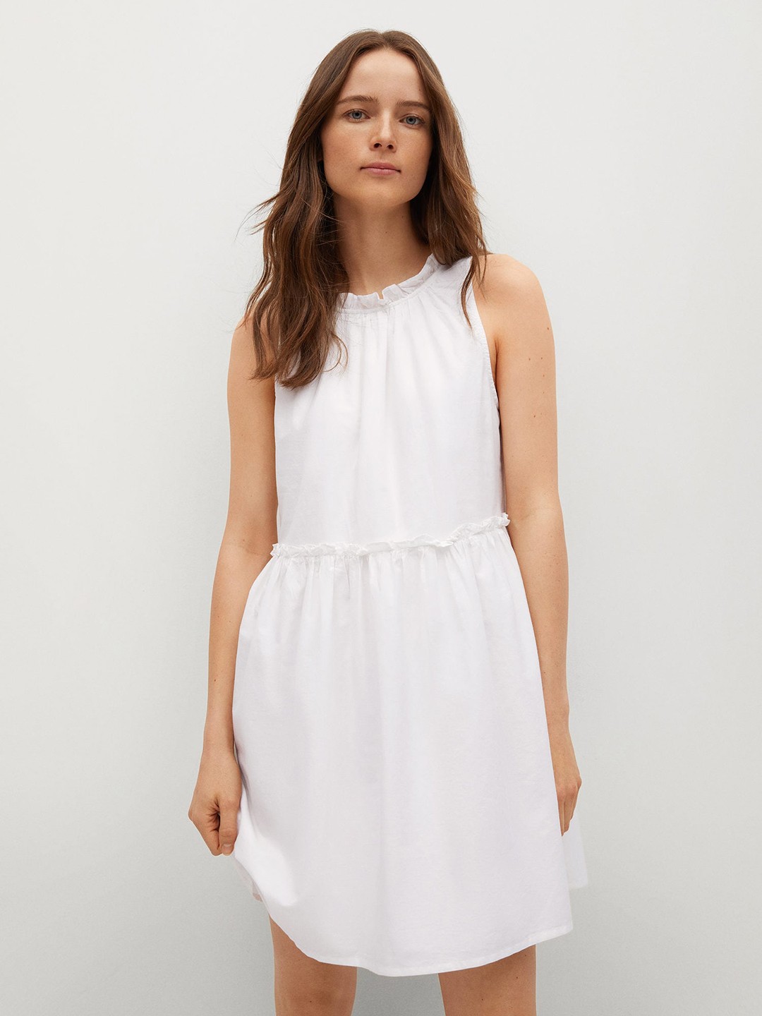 

MANGO Women White Solid Pure Cotton Fit and Flare Dress with gathers