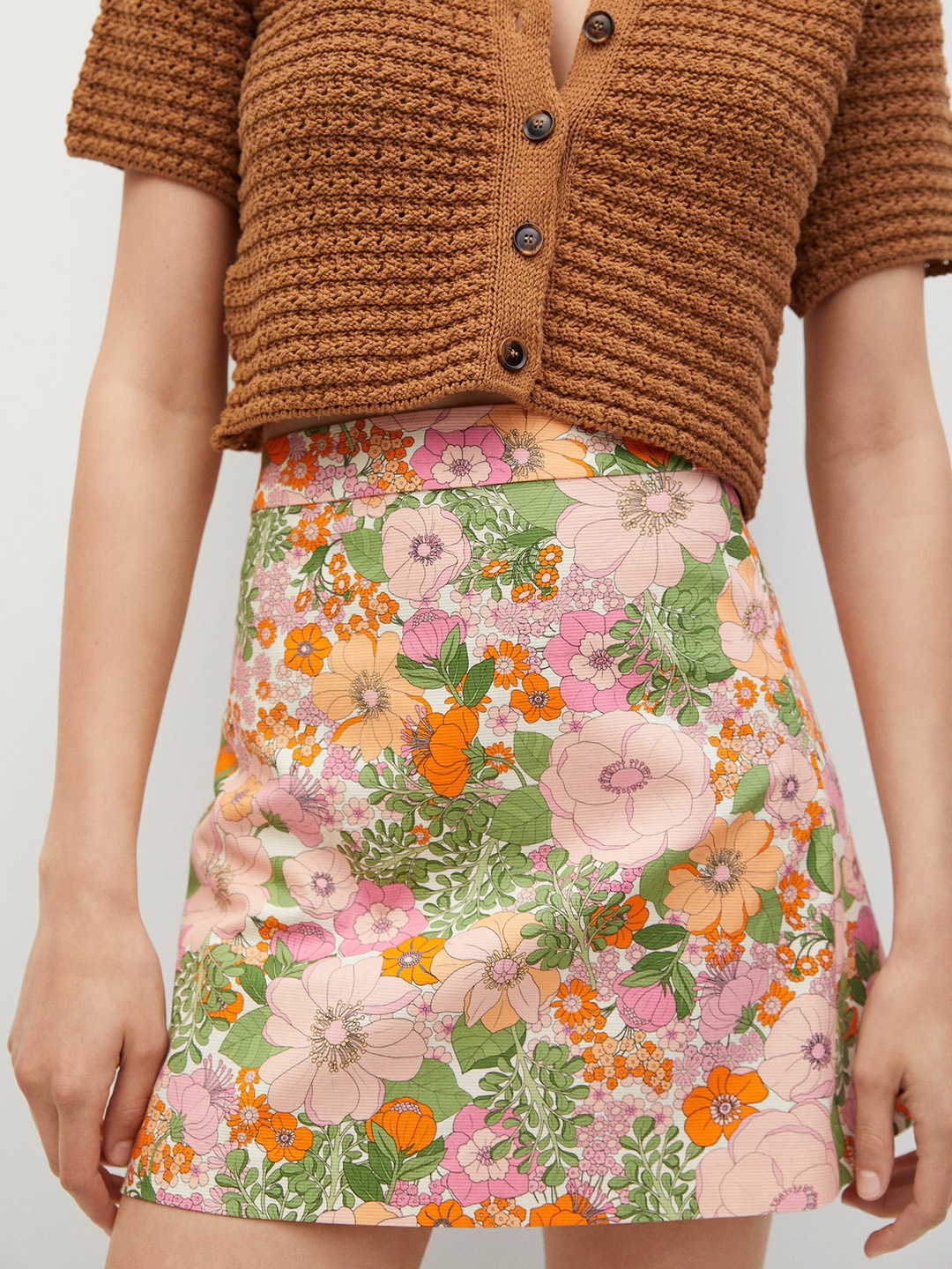 

MANGO Pink & Green Floral Print Mini A-Line Skirt