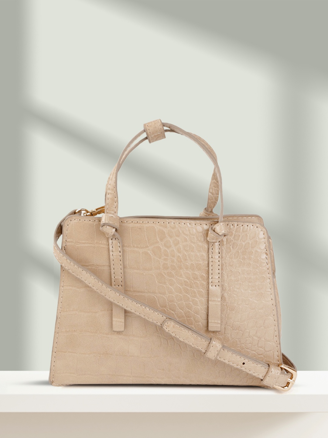 

MANGO Beige Croc Textured Handheld Bag