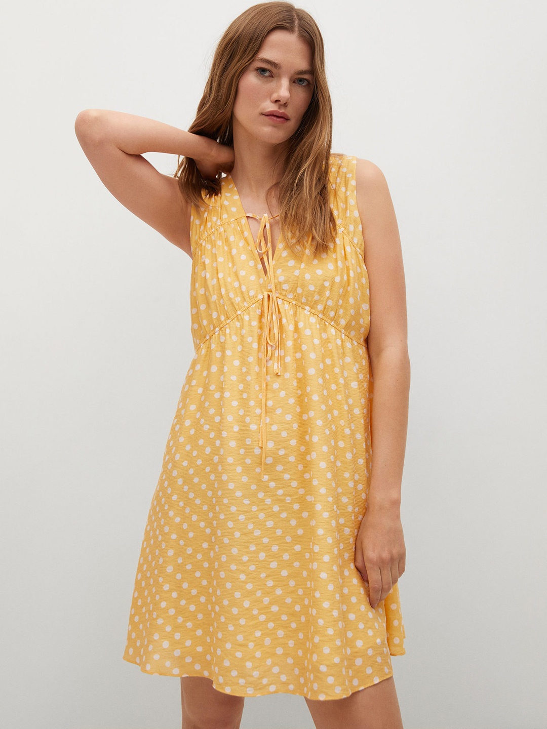 

MANGO Yellow & White Printed A-Line Dress