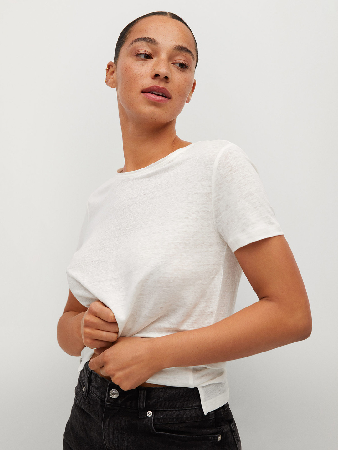 

MANGO Women Off White Drop-Shoulder Sleeves Pure Linen T-shirt