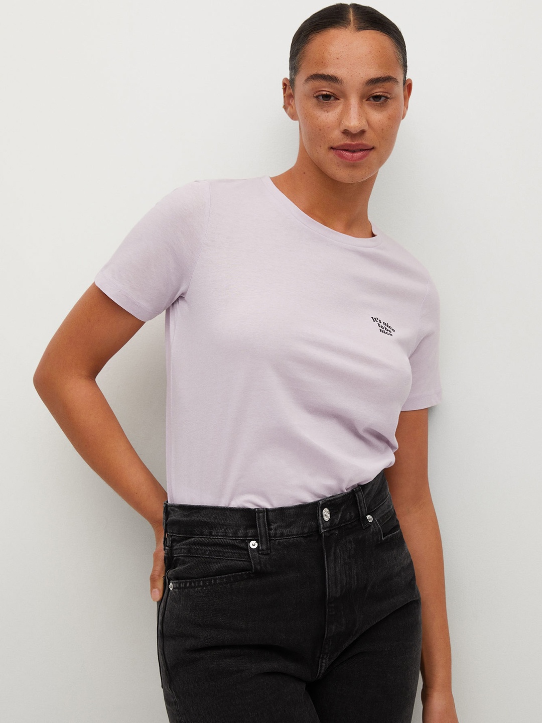 

MANGO Women Lavender Solid Pure Cotton T-shirt