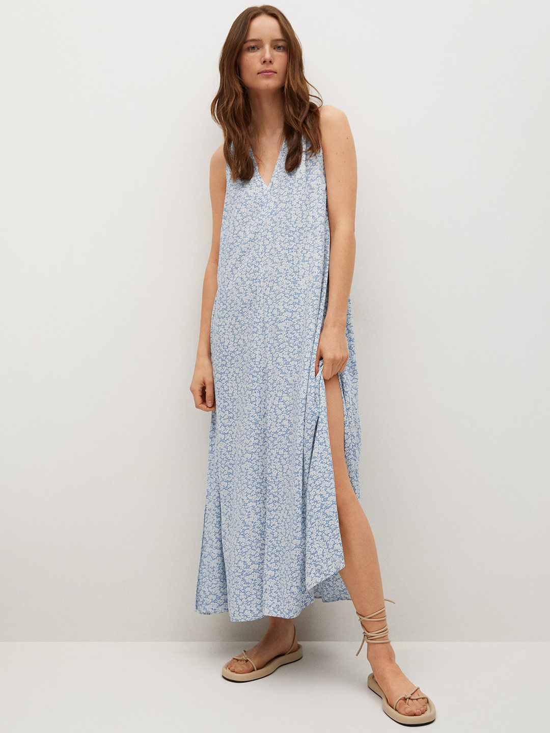 

MANGO Blue & White Floral Print Maxi Dress