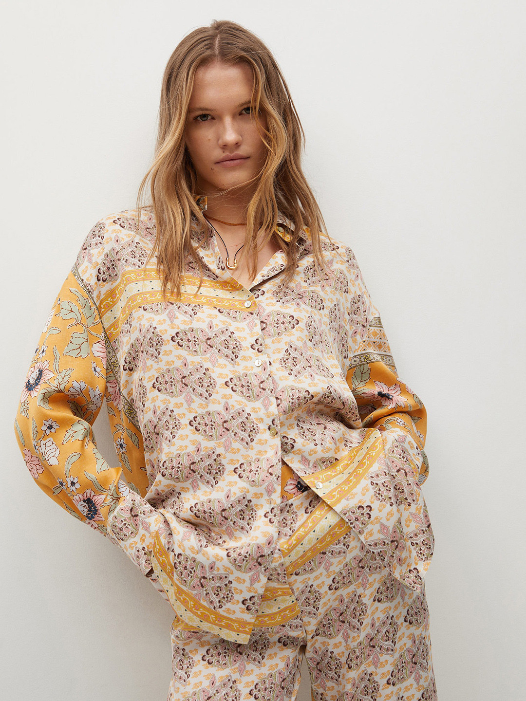 

MANGO Women Beige & Mustard Yellow Floral Print Oversized Casual Shirt
