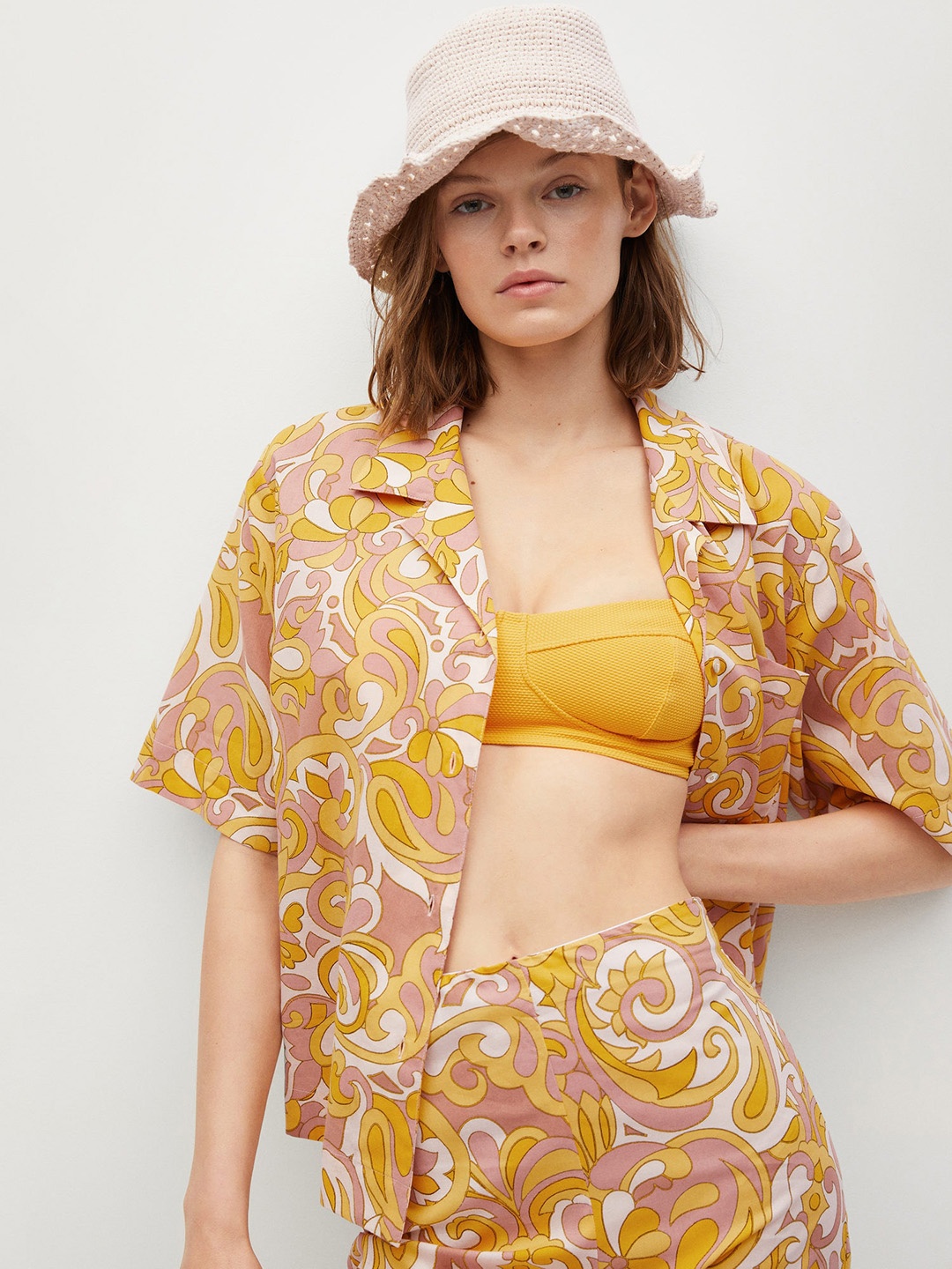 

MANGO Women Yellow & Pink Pure Cotton Printed Casual Shirt