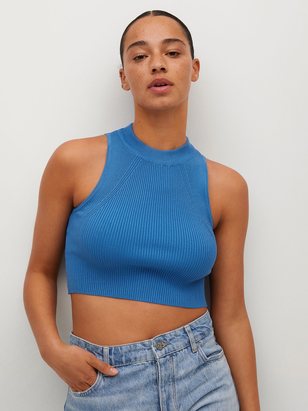 

MANGO Blue Ribbed Fitted Crop Top