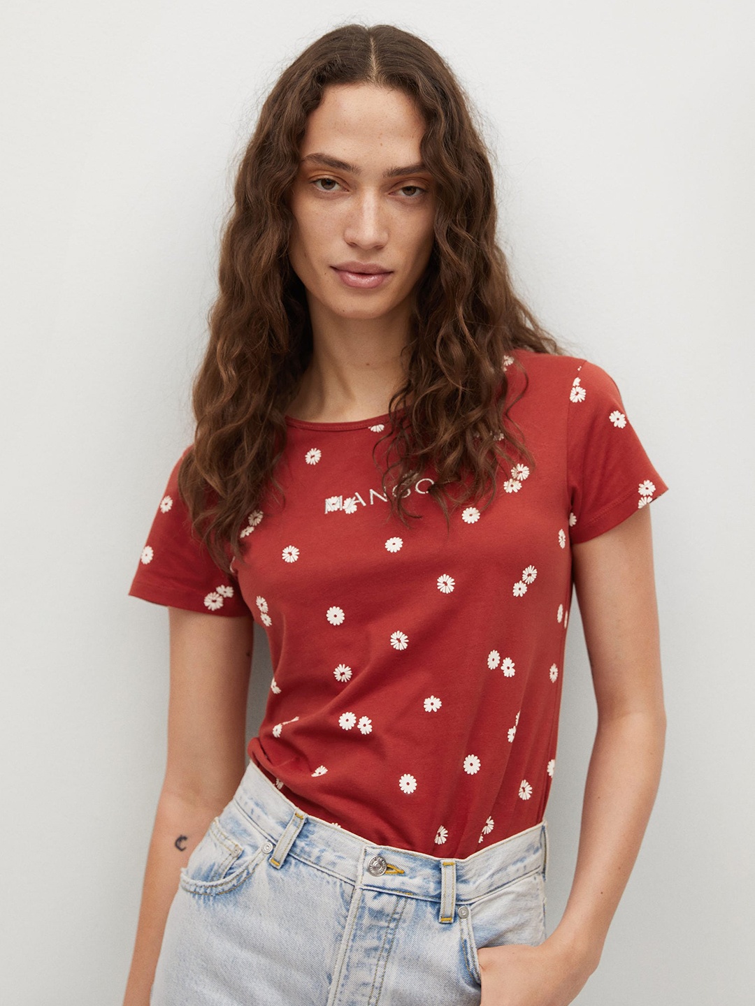 

MANGO Women Rust Brown & White Brand Logo Print Embroidered Cotton T-shirt