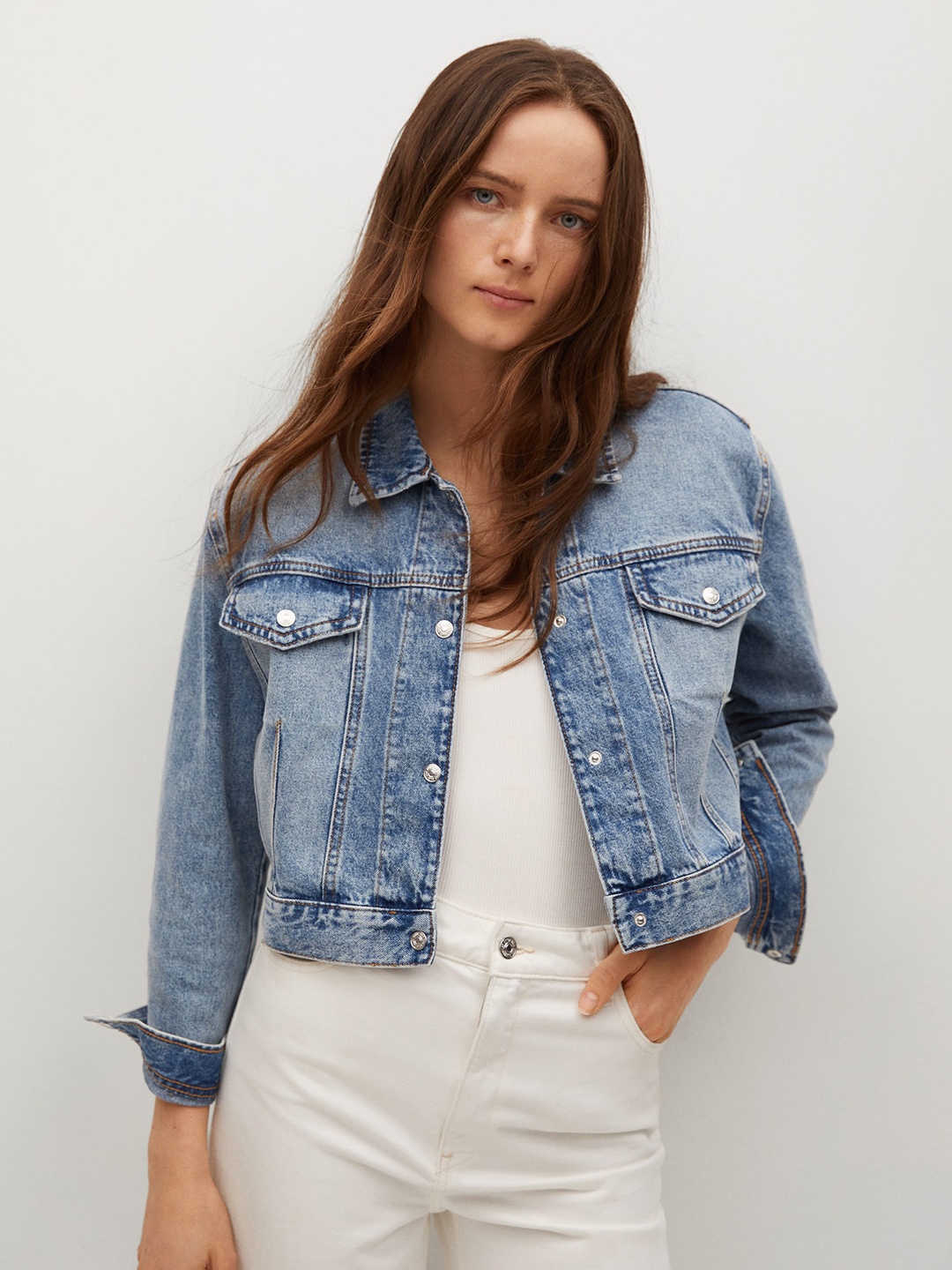 

MANGO Women Blue Cotton Washed Denim Jacket