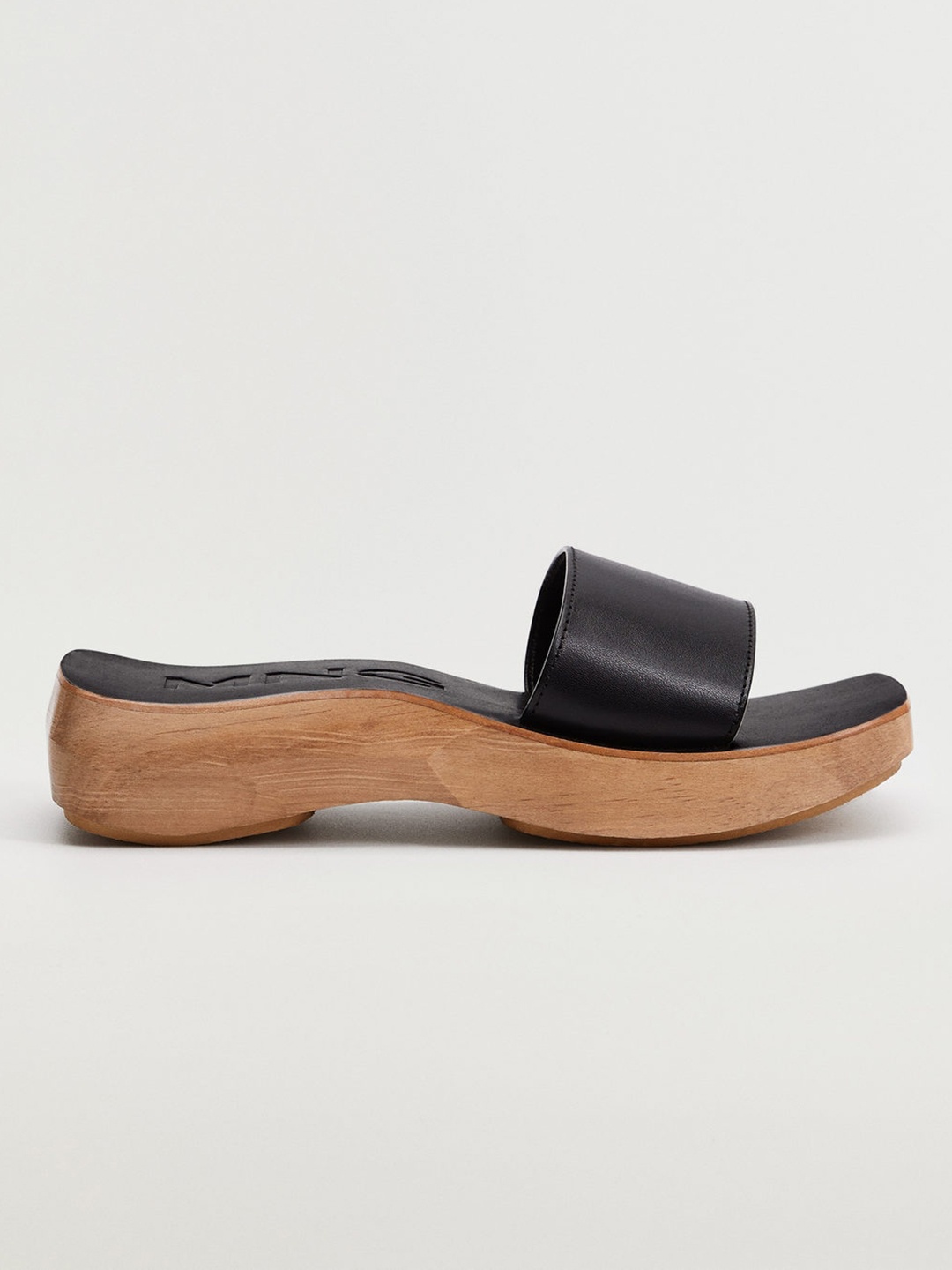 

MANGO Women Black Leather Wood Style Platform Heels