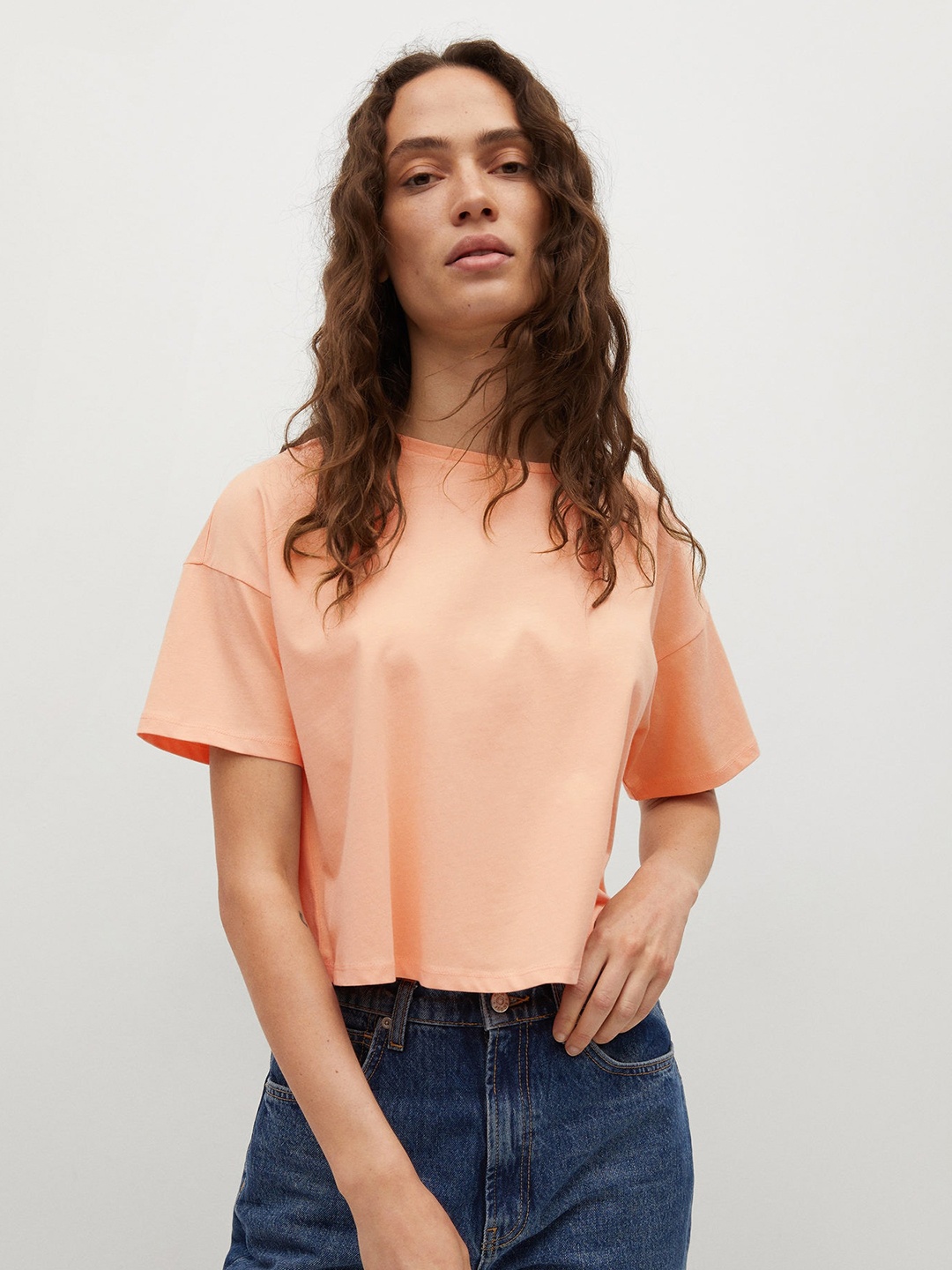 

MANGO Women Peach-Coloured Pure Cotton Solid Drop-Shoulder Sleeves T-shirt