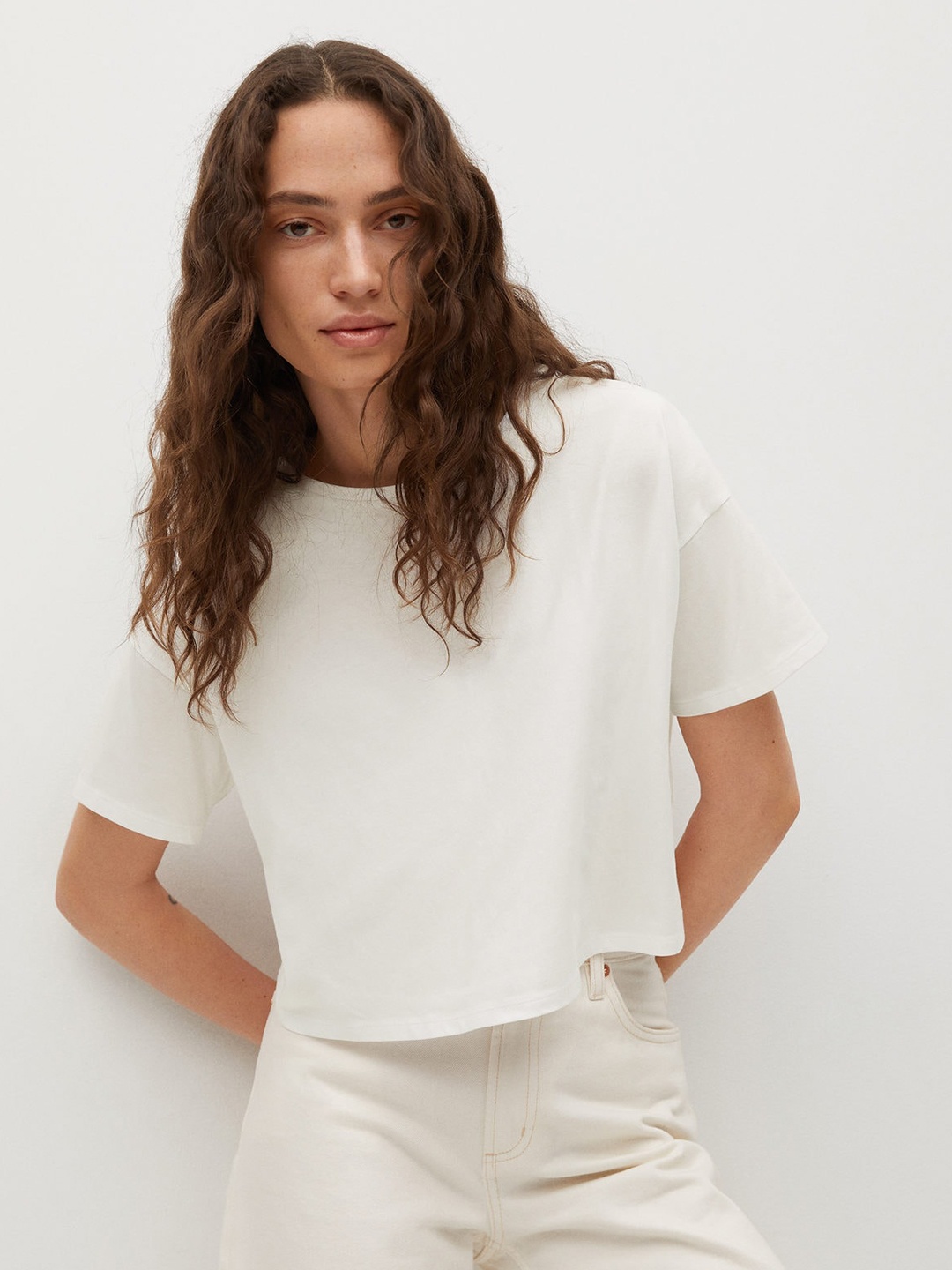 

MANGO White Solid Styled Back Cotton Top