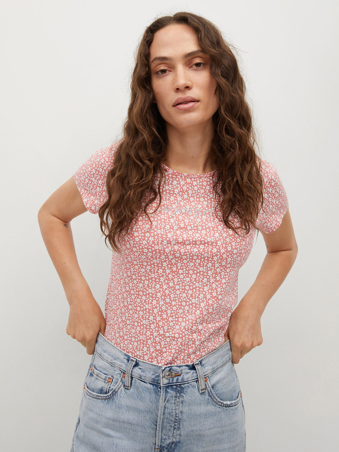 

MANGO Women Pink White Floral Printed Pure Cotton T-shirt