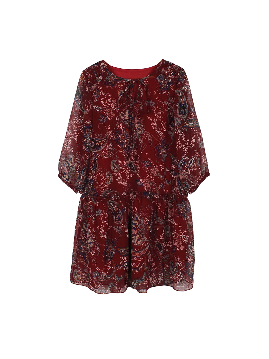 

My Little Lambs Girls Maroon Printed Polyester Drop-Waist Dress