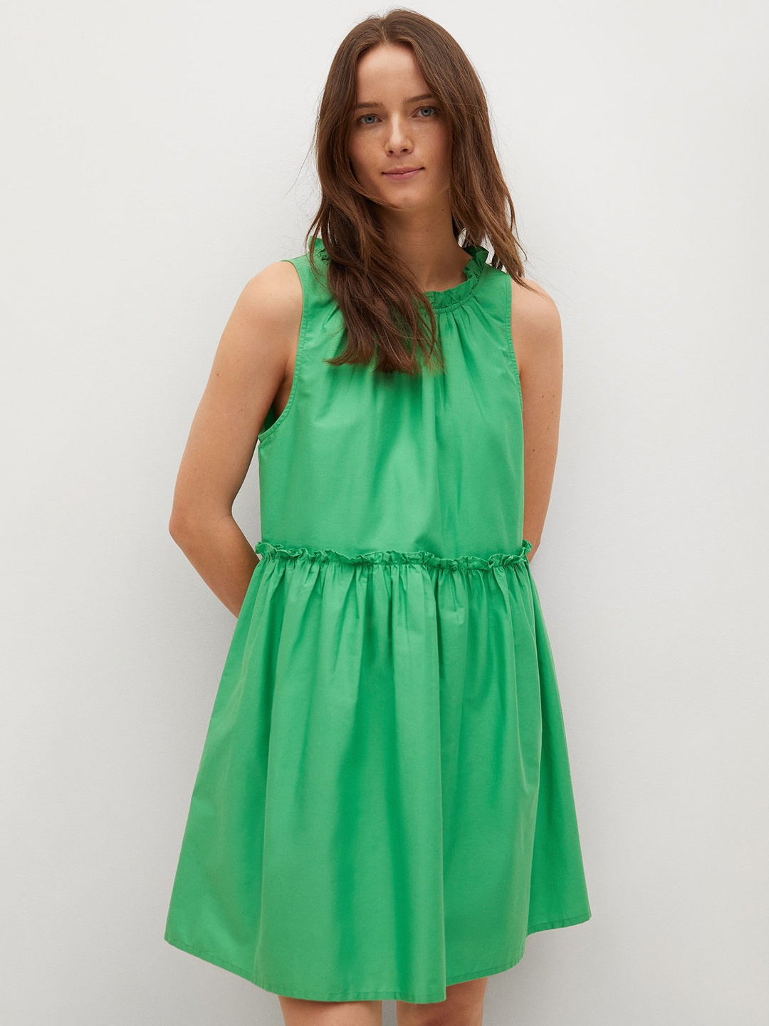 

MANGO Green Pure Cotton Solid A-Line Dress